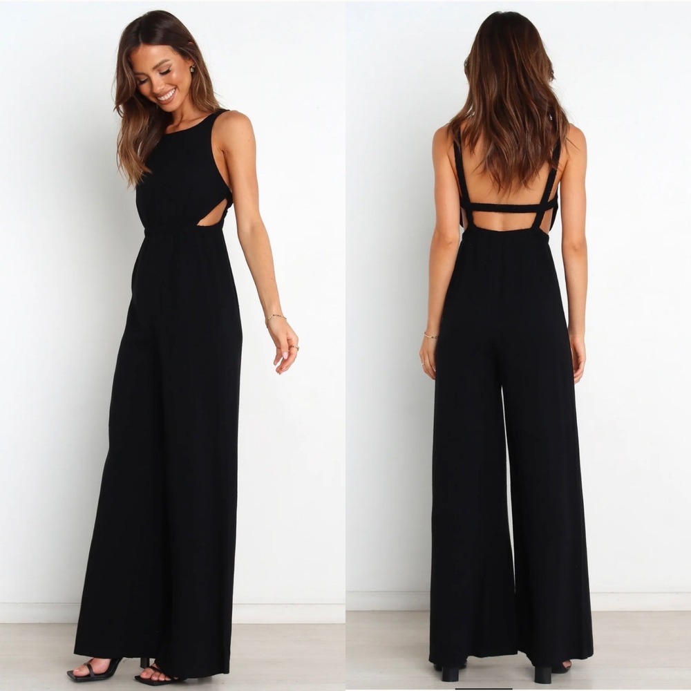 Petal + Pup Eddie Black Linen Blend Wide Leg Cut Out Jumpsuit US 2